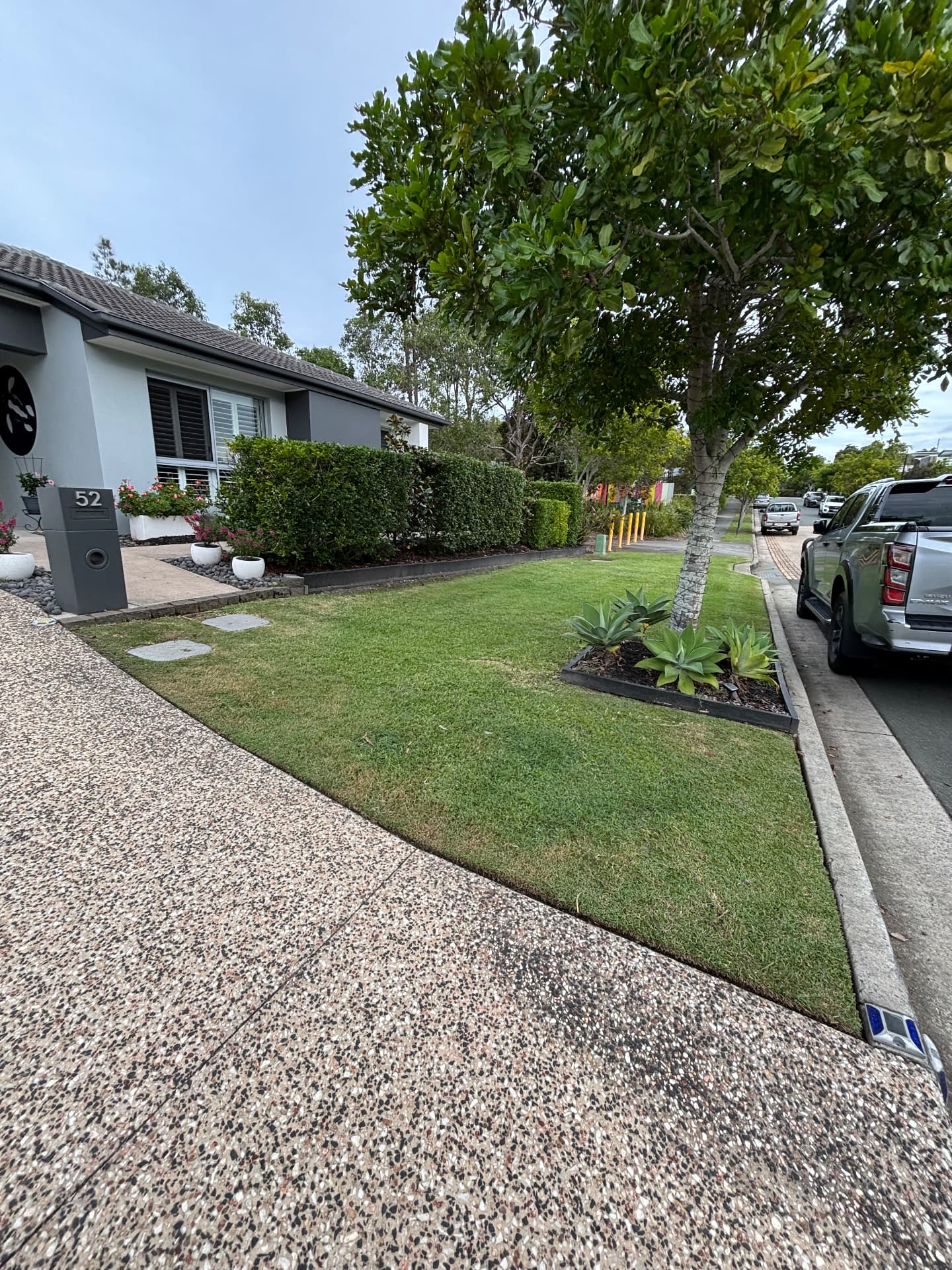 Tidy front yard lawn trimmed around a garden bed and footpath